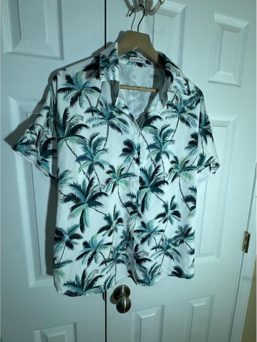 Fantaslook Tropical Palm Print Short Sleeve Button Front Shirt Size M